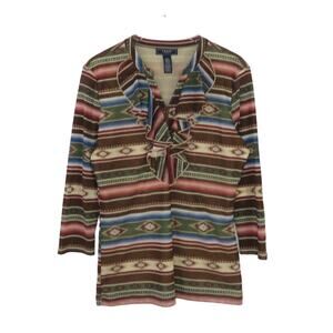 1990s Vintage Chaps Brown Western Tribal Ruffle Blouse Large Southwestern